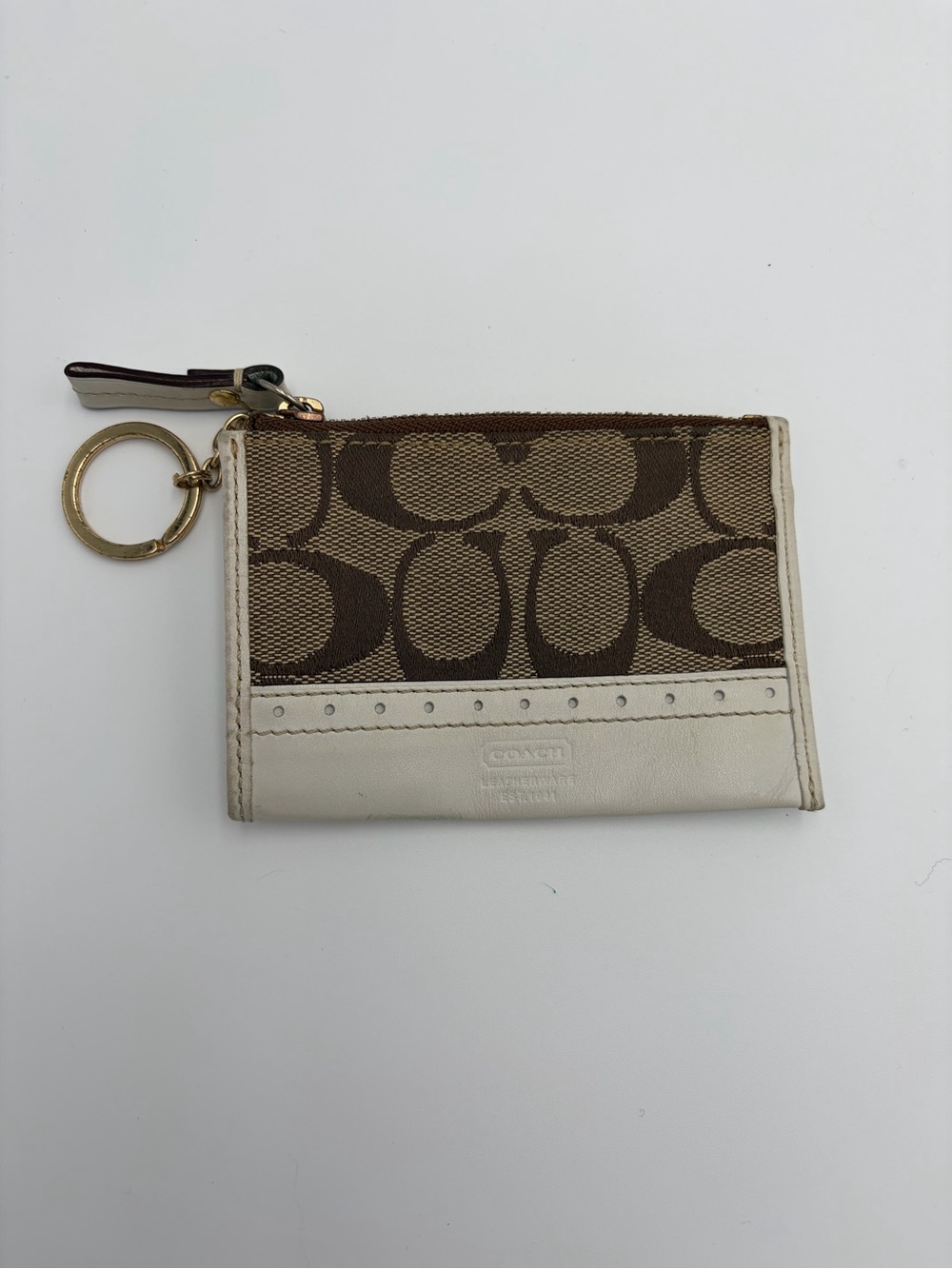 Coach Signature Canvas Zip Coin Purse Keychain Wallet Ivory Brown